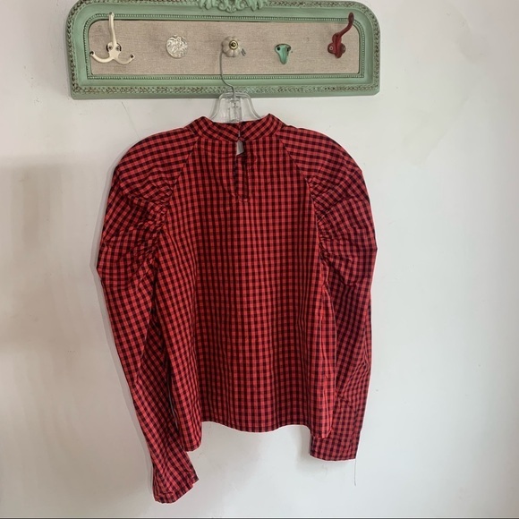 H&M red black checkered print puff long sleeve shirt medium blouse mock neck - Picture 5 of 9